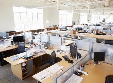 Partitioned computer workstations in an open plan office