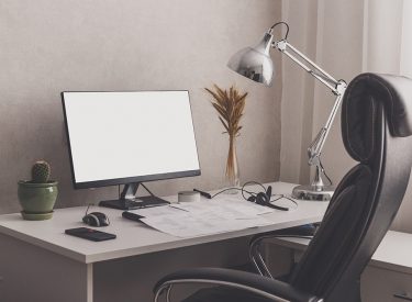 Modern stylish home office workplace. White, black and chrome colors