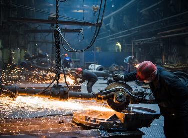 Welder used grinding stone on steel in factory with sparks